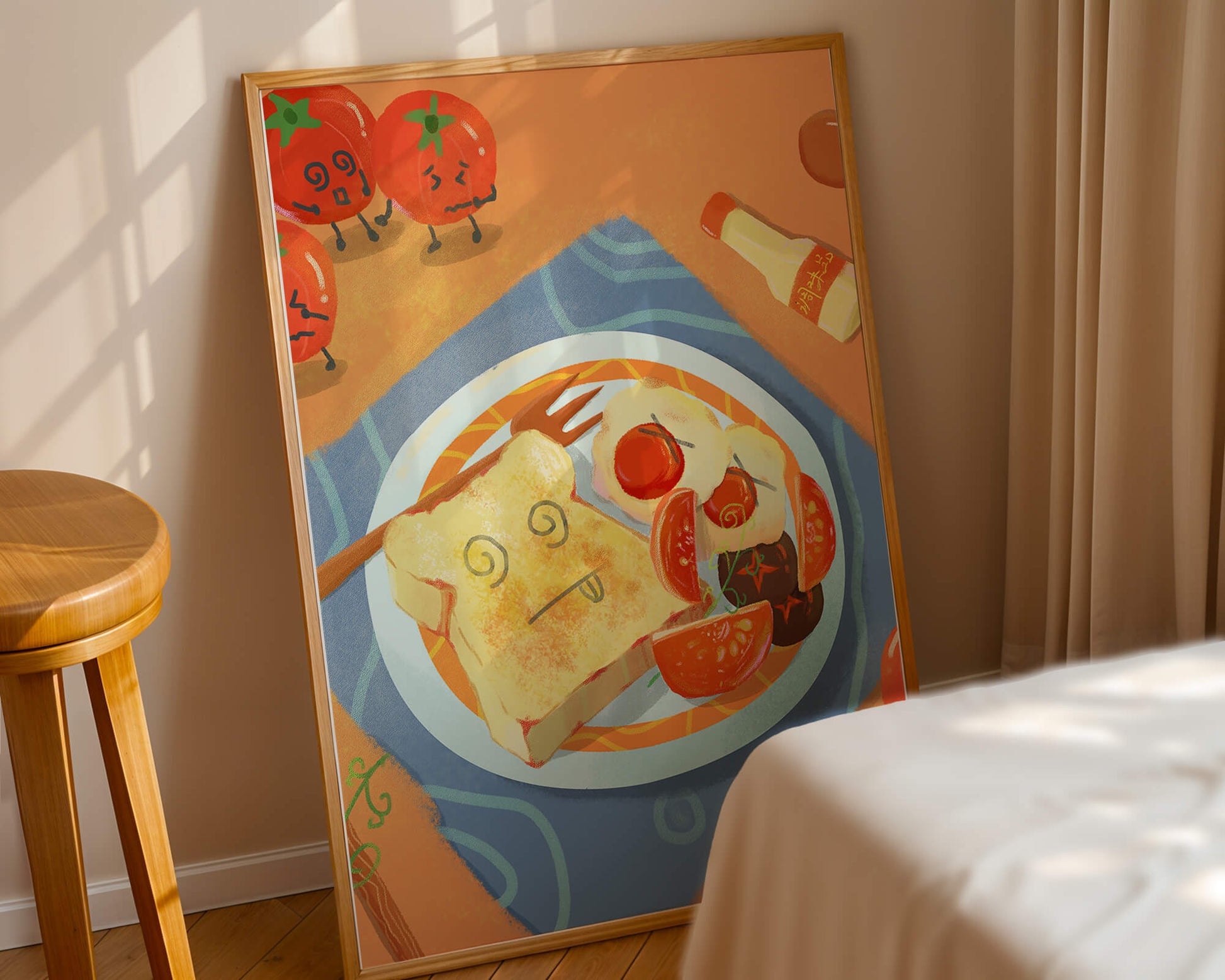 Desayuno caprichoso con tomates animados y tostadas en un plato brillante