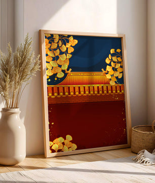 Traditionelles asiatisches Dach mit goldenem Laub auf dunklem Abendhimmel