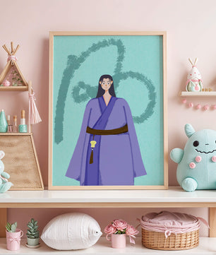 Personaje con atuendo tradicional sobre fondo texturizado