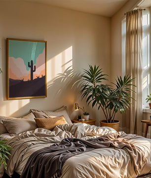 Abstract desert landscape with cactus silhouette at sunset