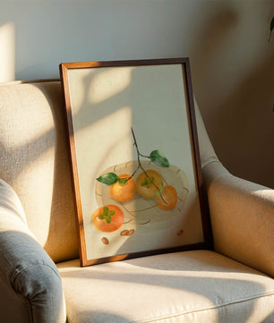 Still Life with Persimmons and Branch on a Neutral Background