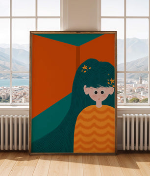Colorful abstract illustration of a character with teal hair and orange background
