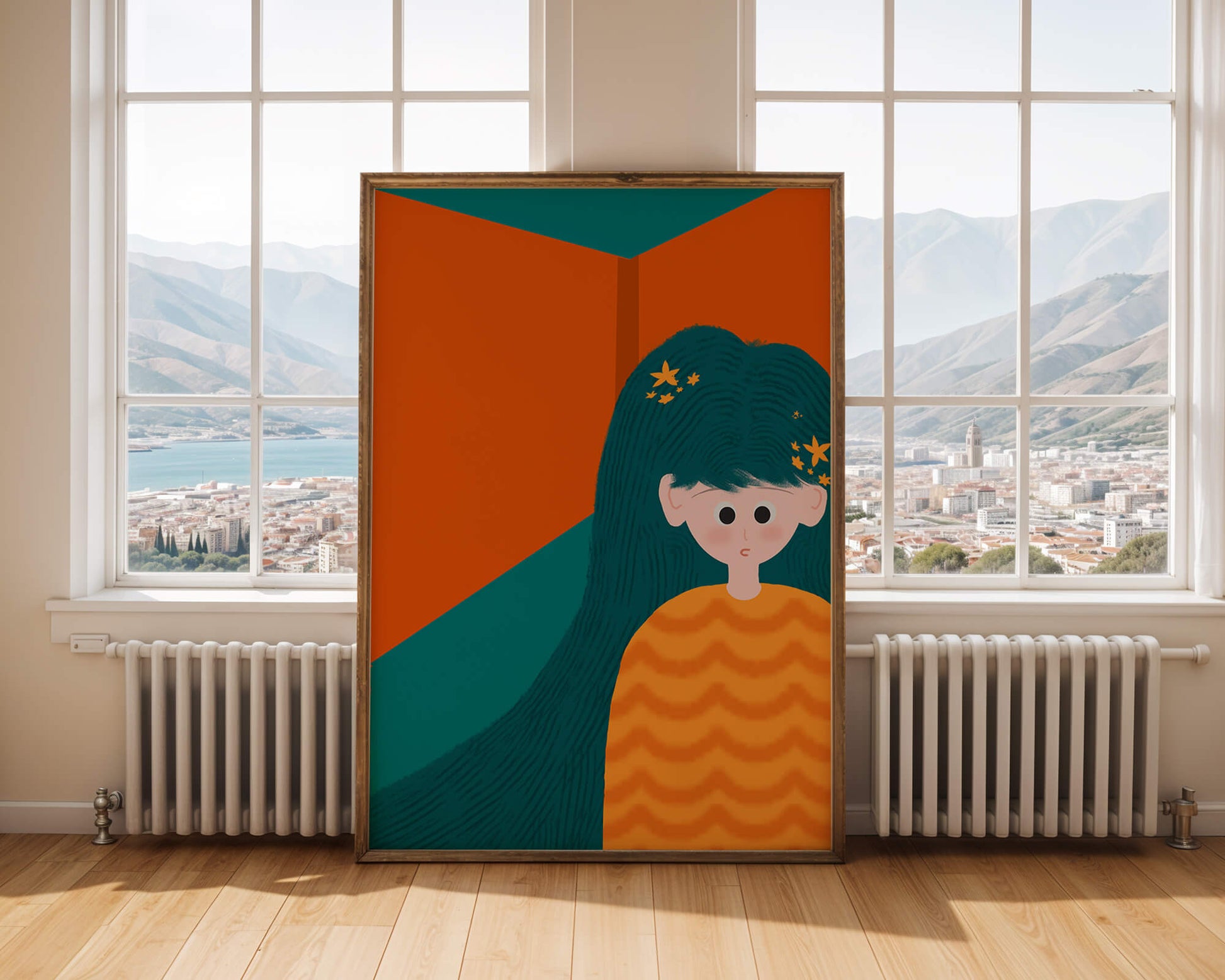 Colorful abstract illustration of a character with teal hair and orange background