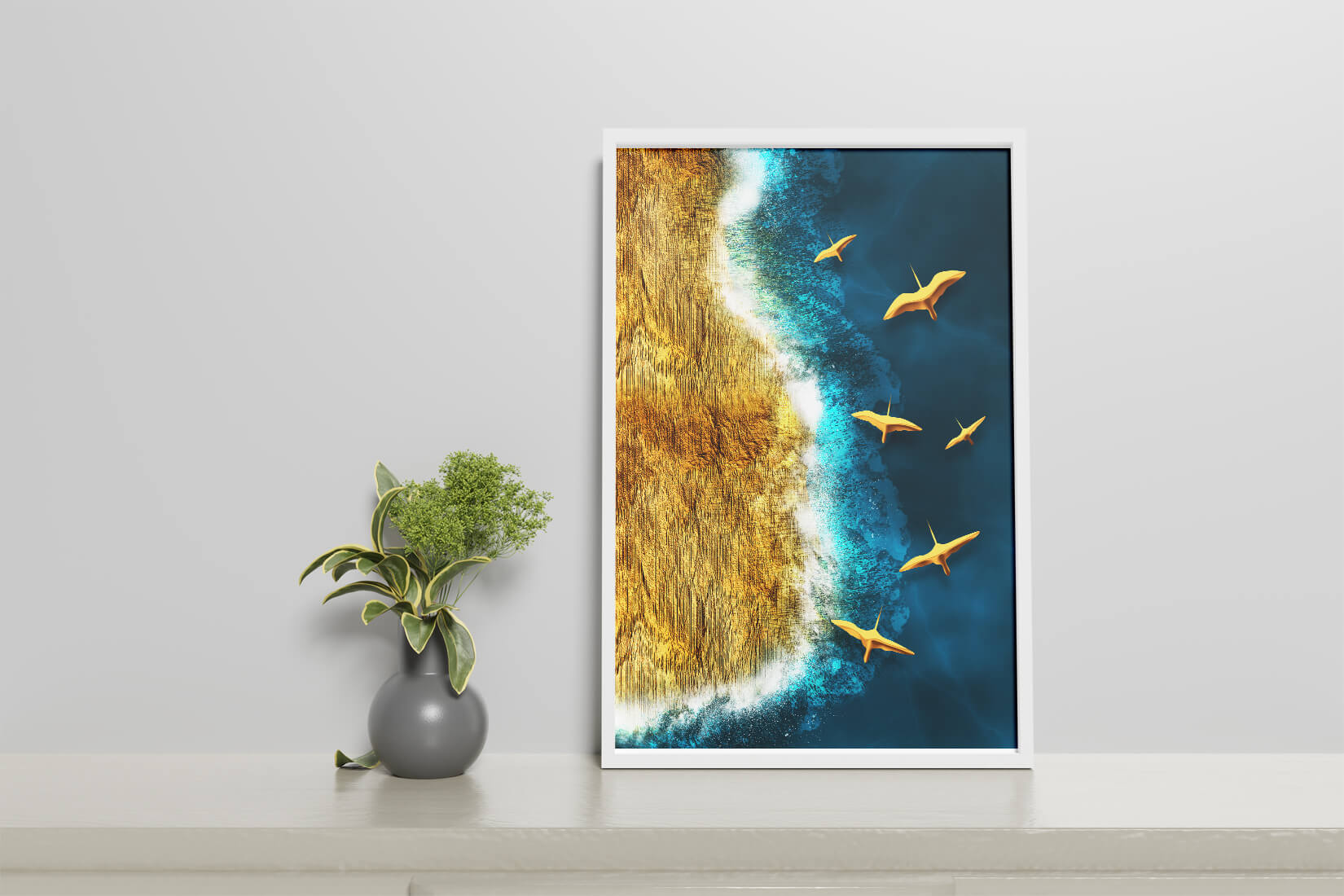 Golden beach landscape with vibrant ocean and flying seabirds