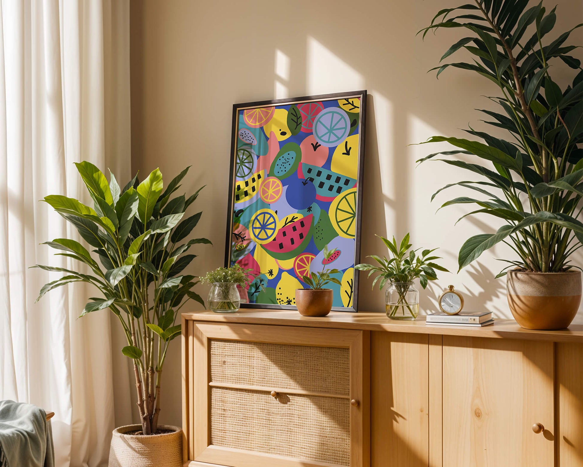 Patrón abstracto de frutas vibrantes con cítricos y melones sobre fondo azul