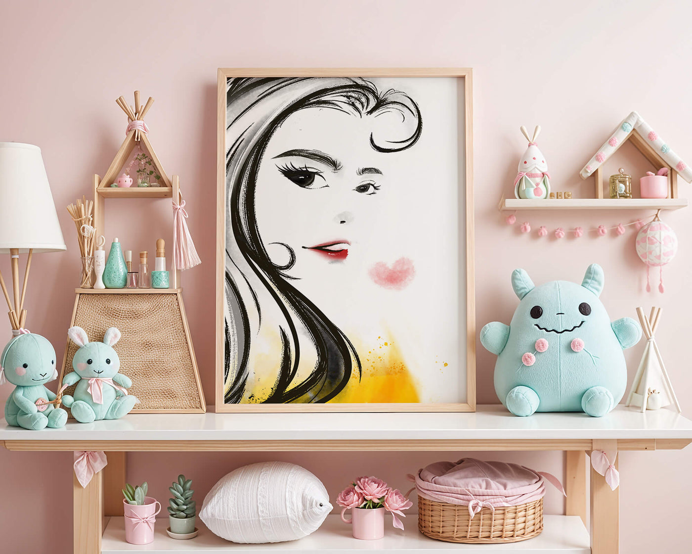 Elegant portrait sketch with red lips and a heart motif