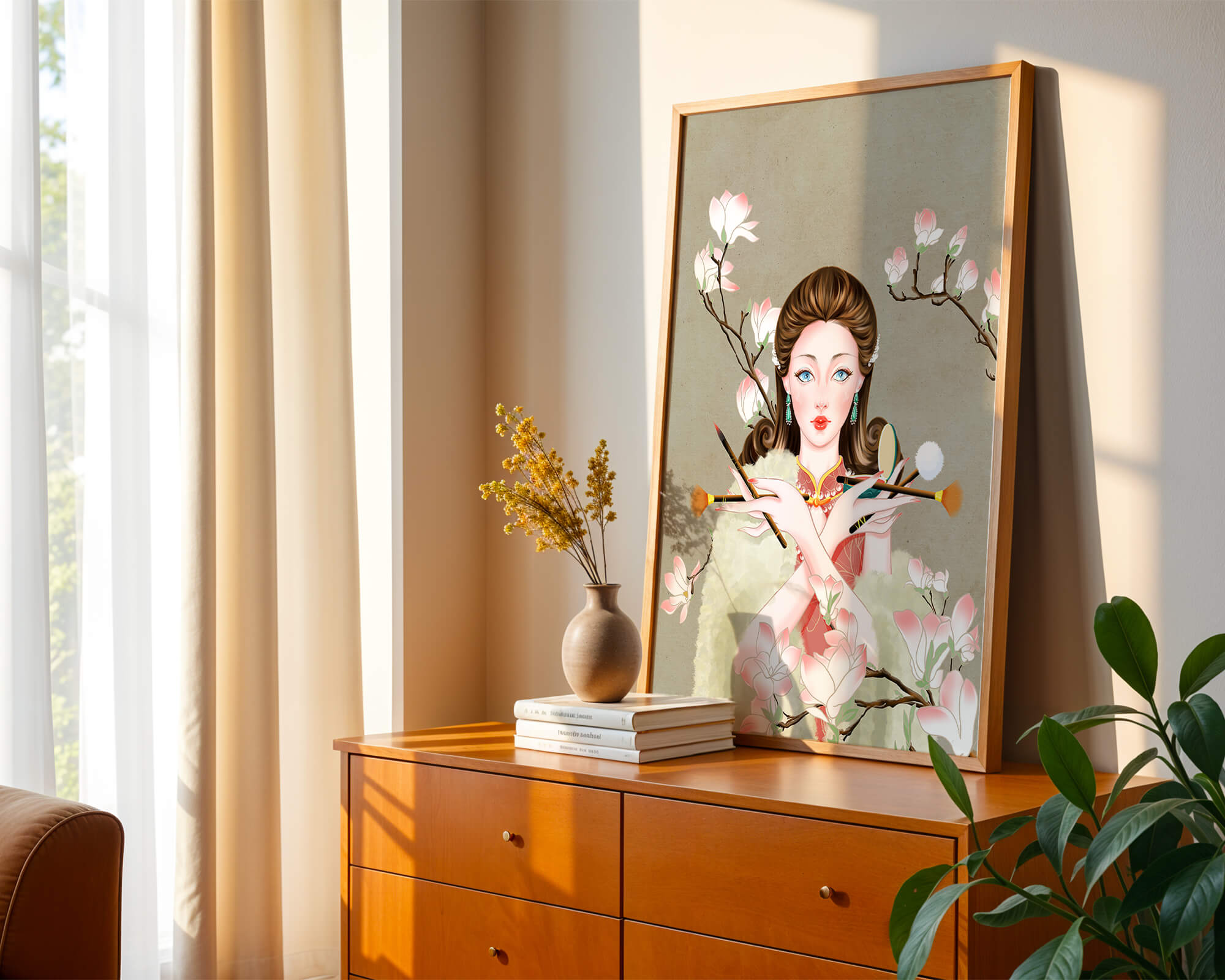 Elegant woman with makeup tools amidst blooming magnolia branches