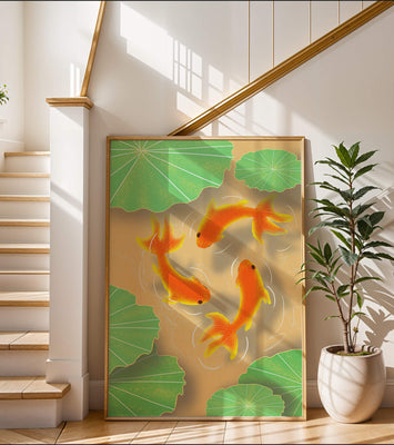 Tranquil pond scene with koi fish and lily pads