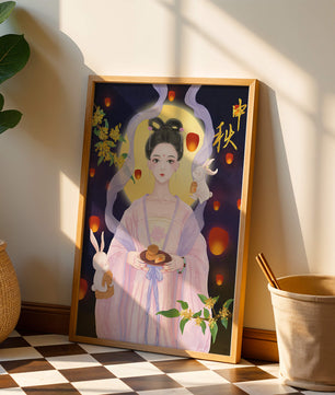Mid-Autumn Festival Illustration with Moon Goddess and Rabbits