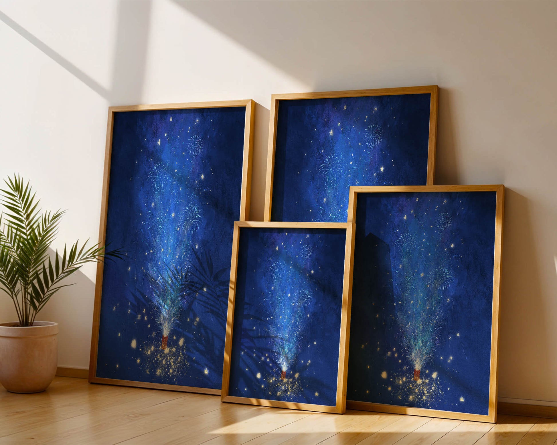 Feu d'artifice bleu dans la nuit avec étincelles dorées