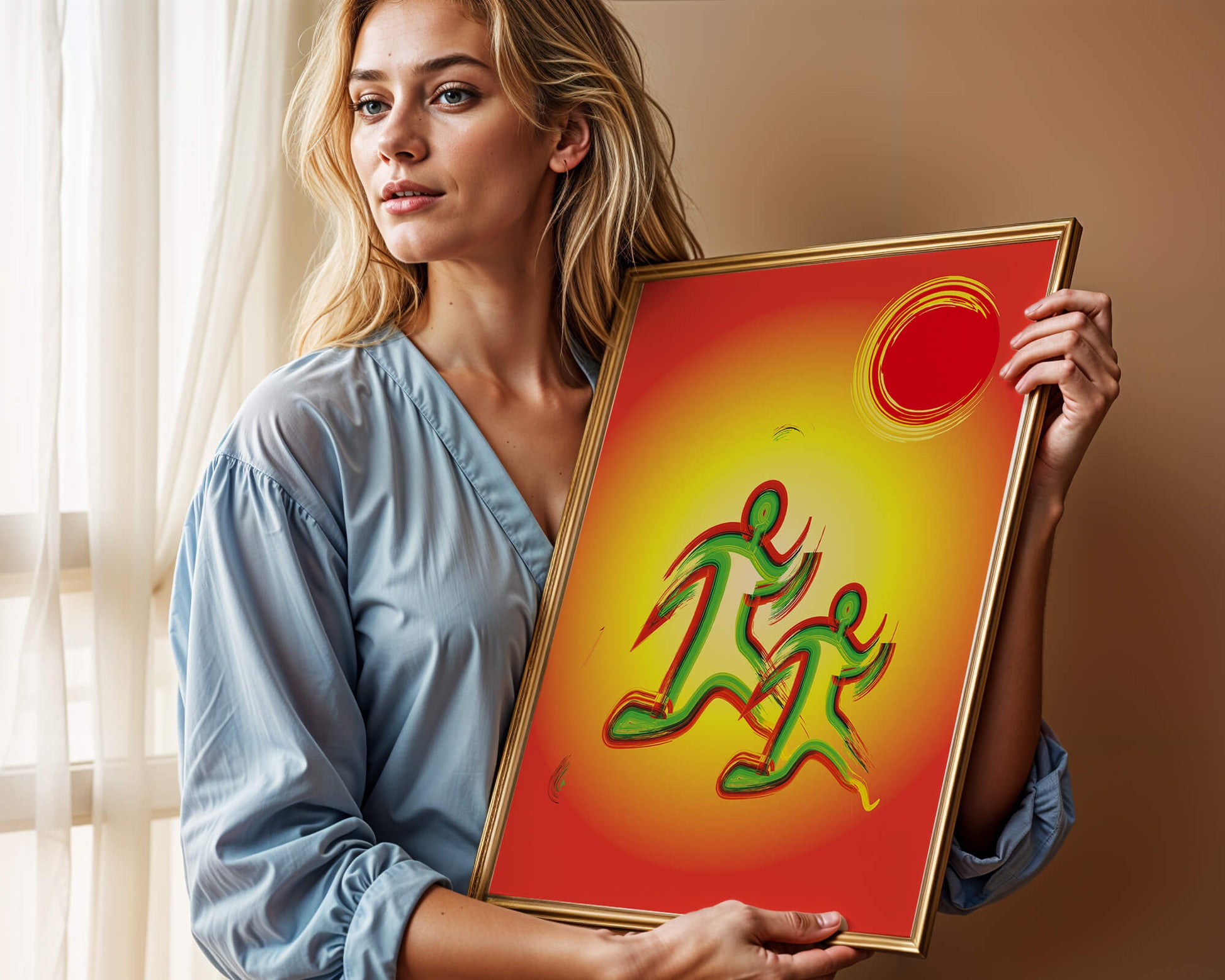 Abstract colorful figures under a vibrant sun with warm tones
