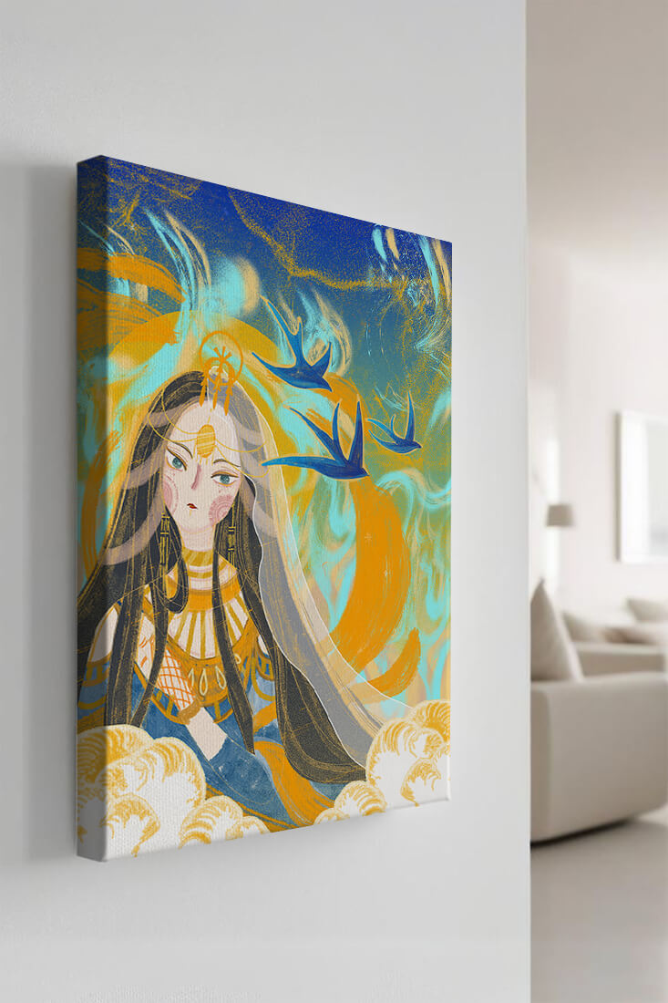 Majestic Goddess with Birds and Golden Elements in Mystical Setting