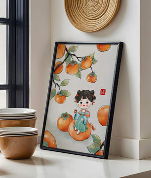 Illustration of a girl sitting on a persimmon surrounded by fruit and leaves