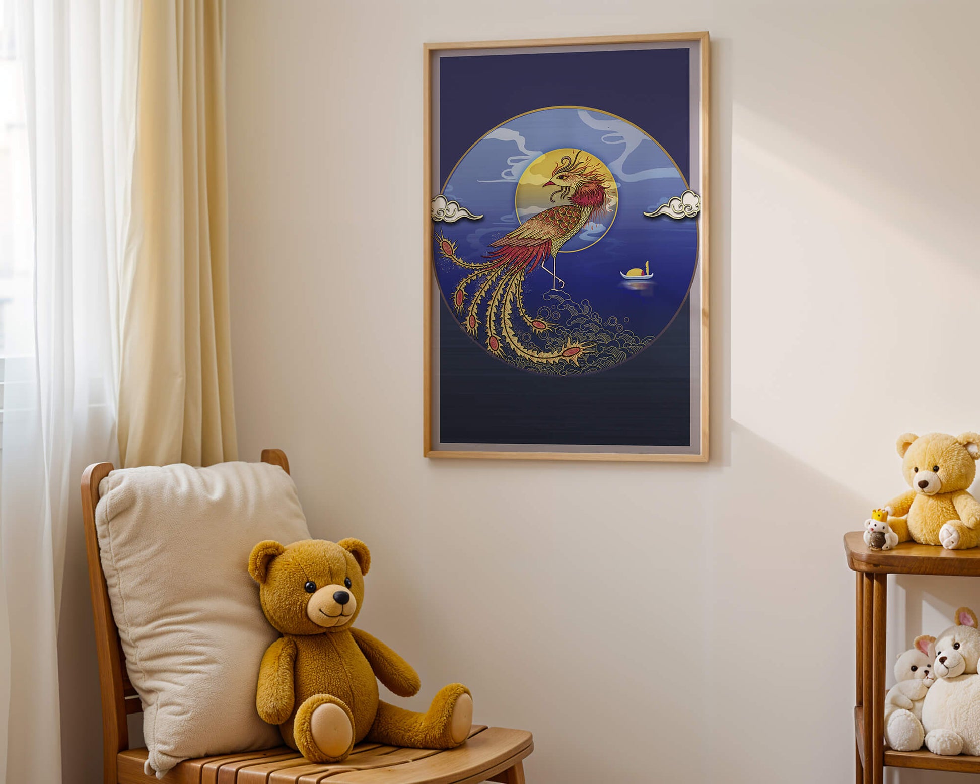 Golden Phoenix with Vibrant Feathers in Mystical Sea Setting