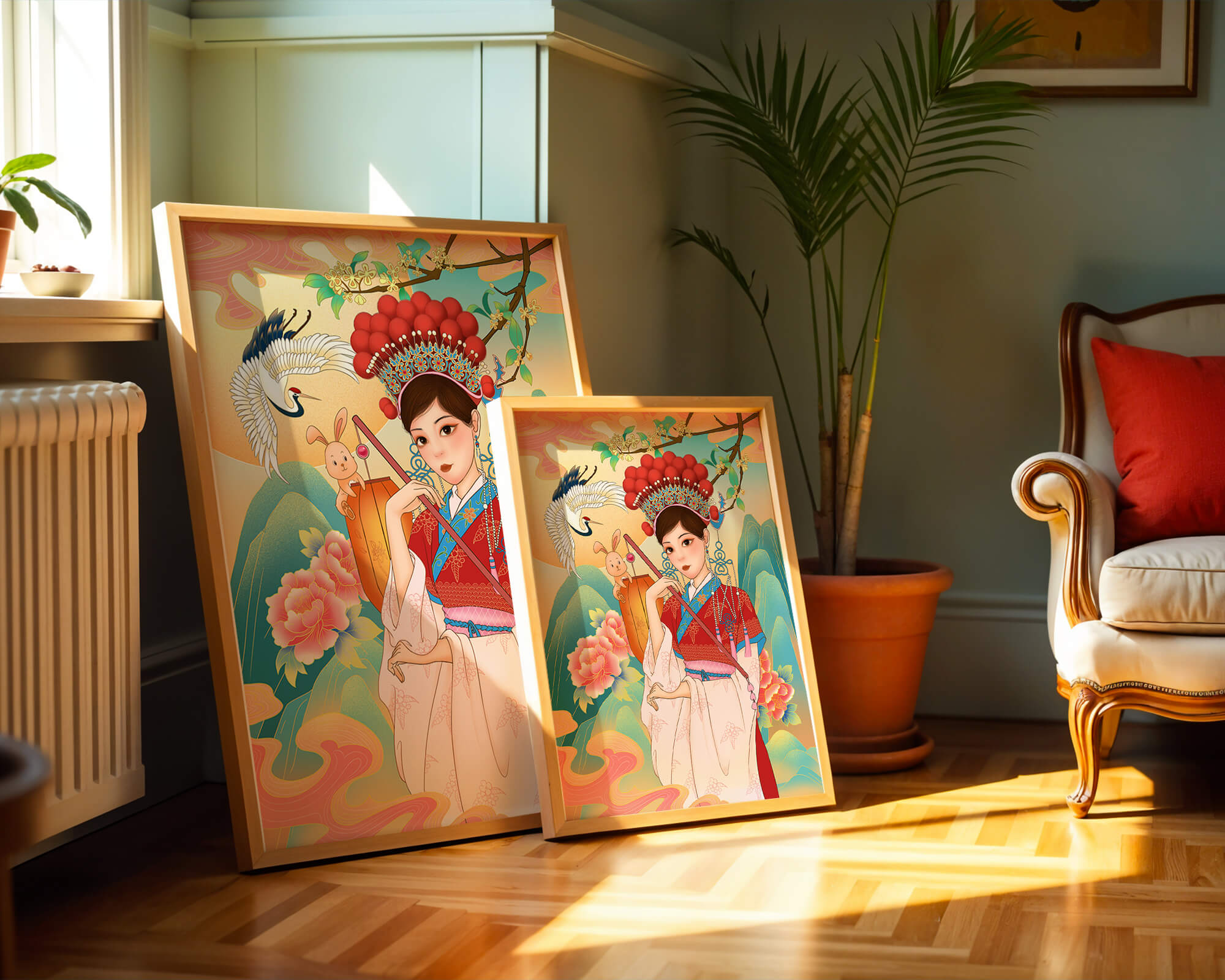 Elegant traditional Chinese illustration featuring a woman in vibrant attire with floral and animal motifs