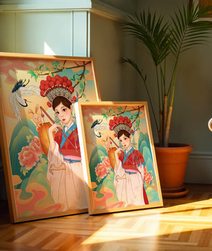 Elegante traditionelle chinesische Illustration mit einer Frau in lebendiger Kleidung mit Blumen- und Tiermotiven