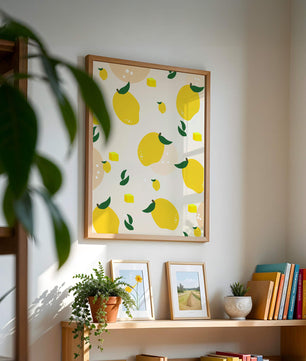 Playful lemon pattern with green leaves and abstract shapes