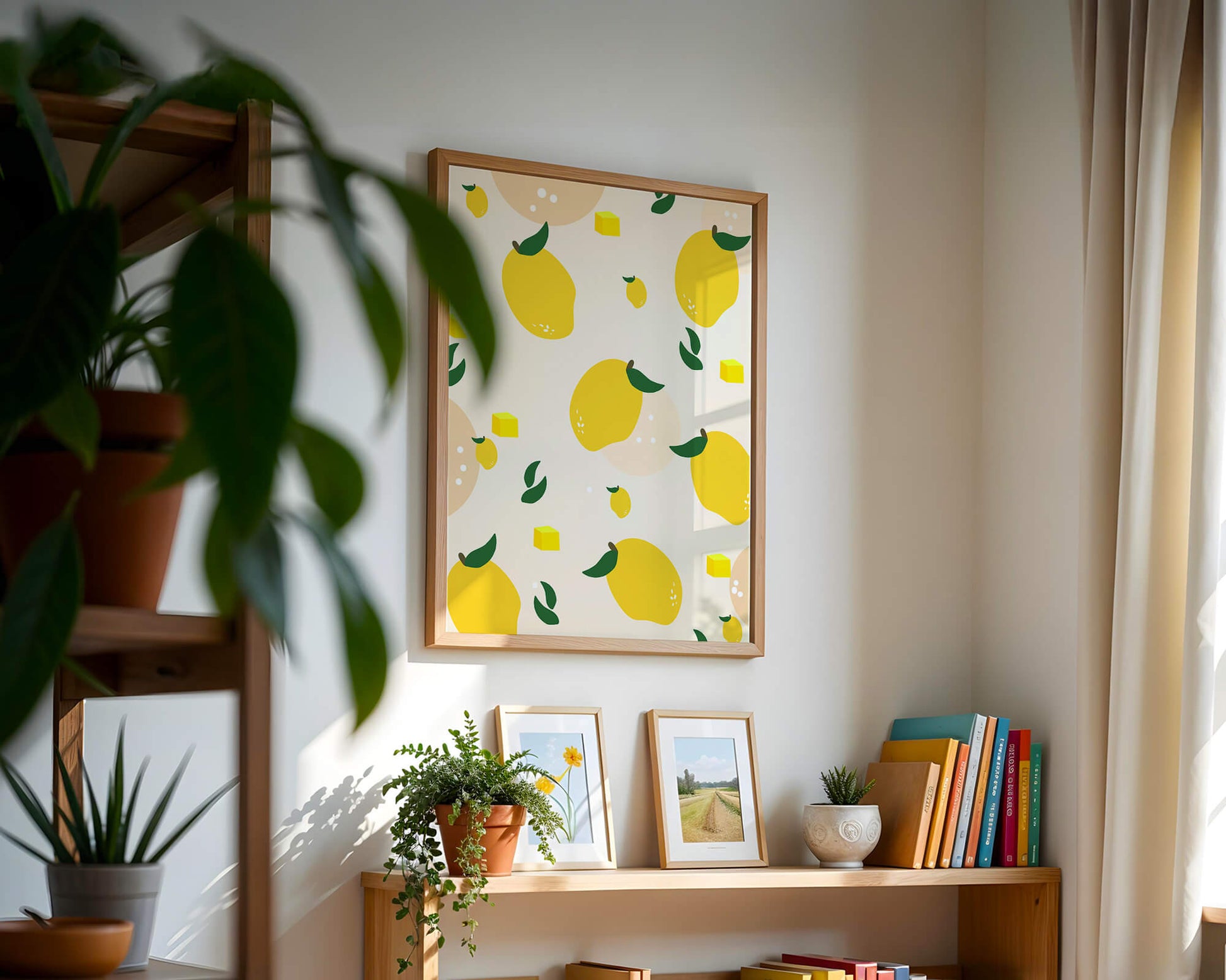 Playful lemon pattern with green leaves and abstract shapes