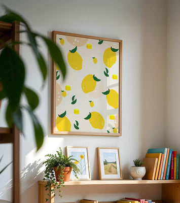 Playful lemon pattern with green leaves and abstract shapes