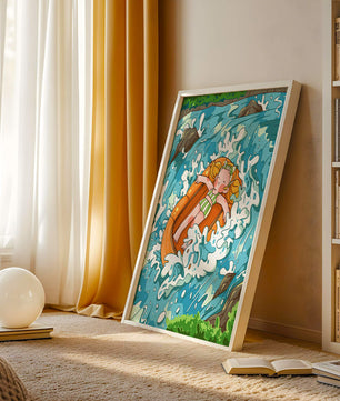 Adventurous raft ride down a vibrant cartoon river with character
