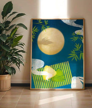 Moonlit night with bamboo and dumplings on a mat