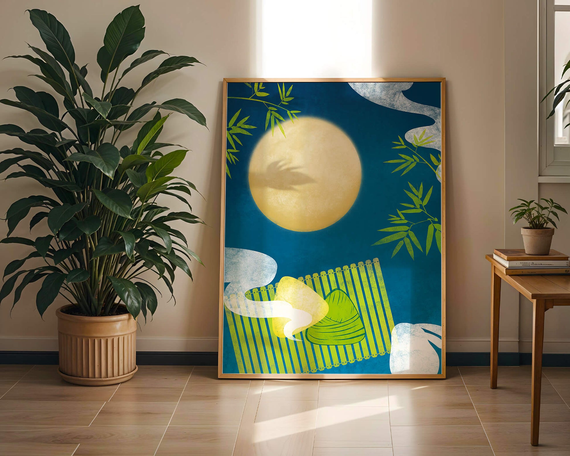 Moonlit night with bamboo and dumplings on a mat