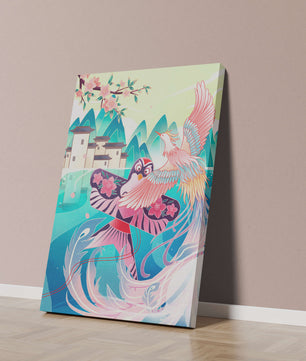Illustration colorée d’oiseaux et de fleurs avec une architecture orientale