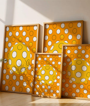Colorful geometric pattern with white polka dots on orange background