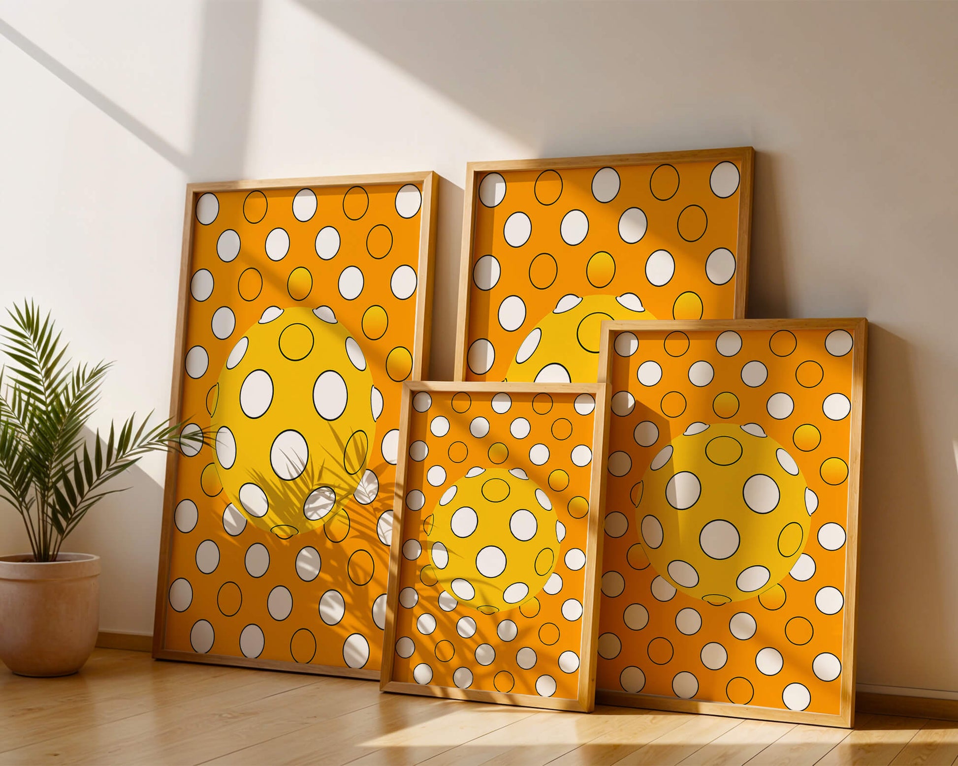 Colorful geometric pattern with white polka dots on orange background