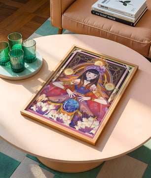 Obra de arte de fantasía con una adivina que tiene una bola de cristal y flores