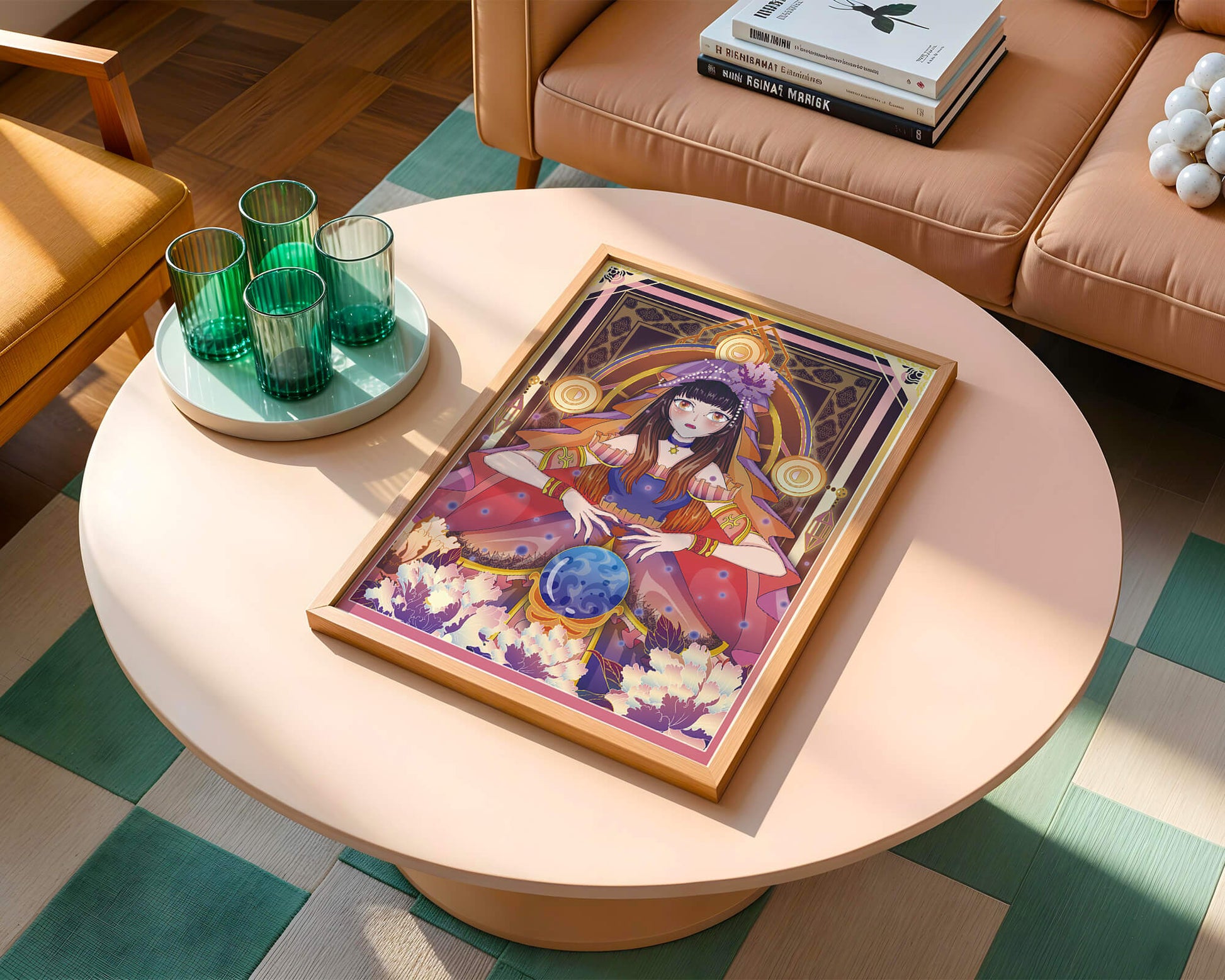 Fantasy Artwork Featuring a Fortune Teller with Crystal Ball and Flowers