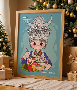 Charming illustration of a person in traditional attire enjoying a meal