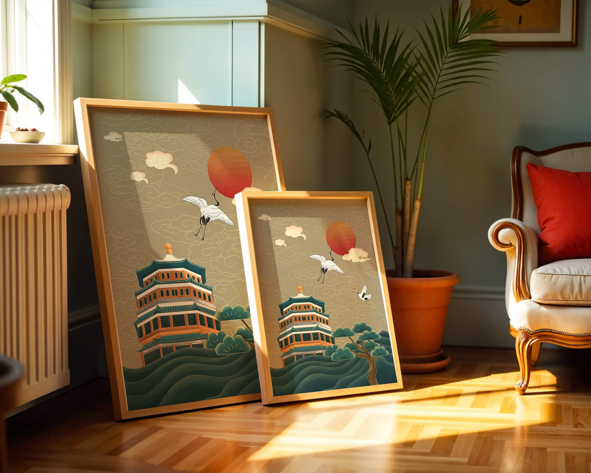 Obra de arte asiática tradicional con grullas y pagoda bajo un sol rojo