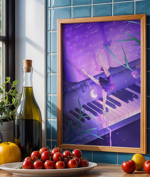 Graceful Ballerina Dancing on Piano Amidst Flowers and Musical Notes
