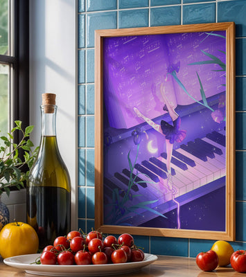 Graceful Ballerina Dancing on Piano Amidst Flowers and Musical Notes