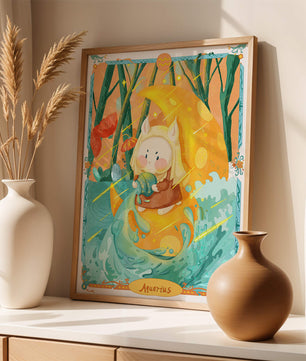Aquarius zodiac illustration with whimsical character and vibrant colors