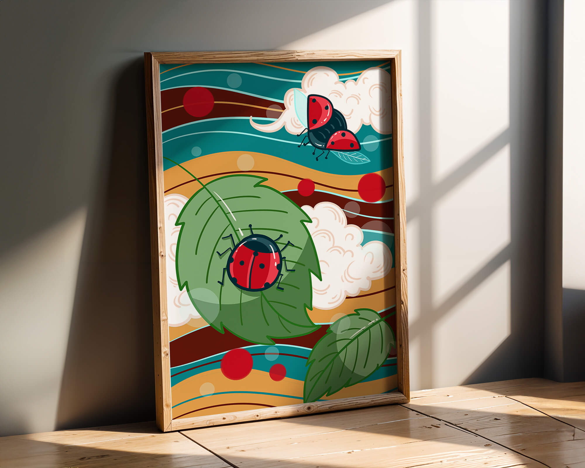 Colorful illustration of ladybugs in a whimsical natural setting