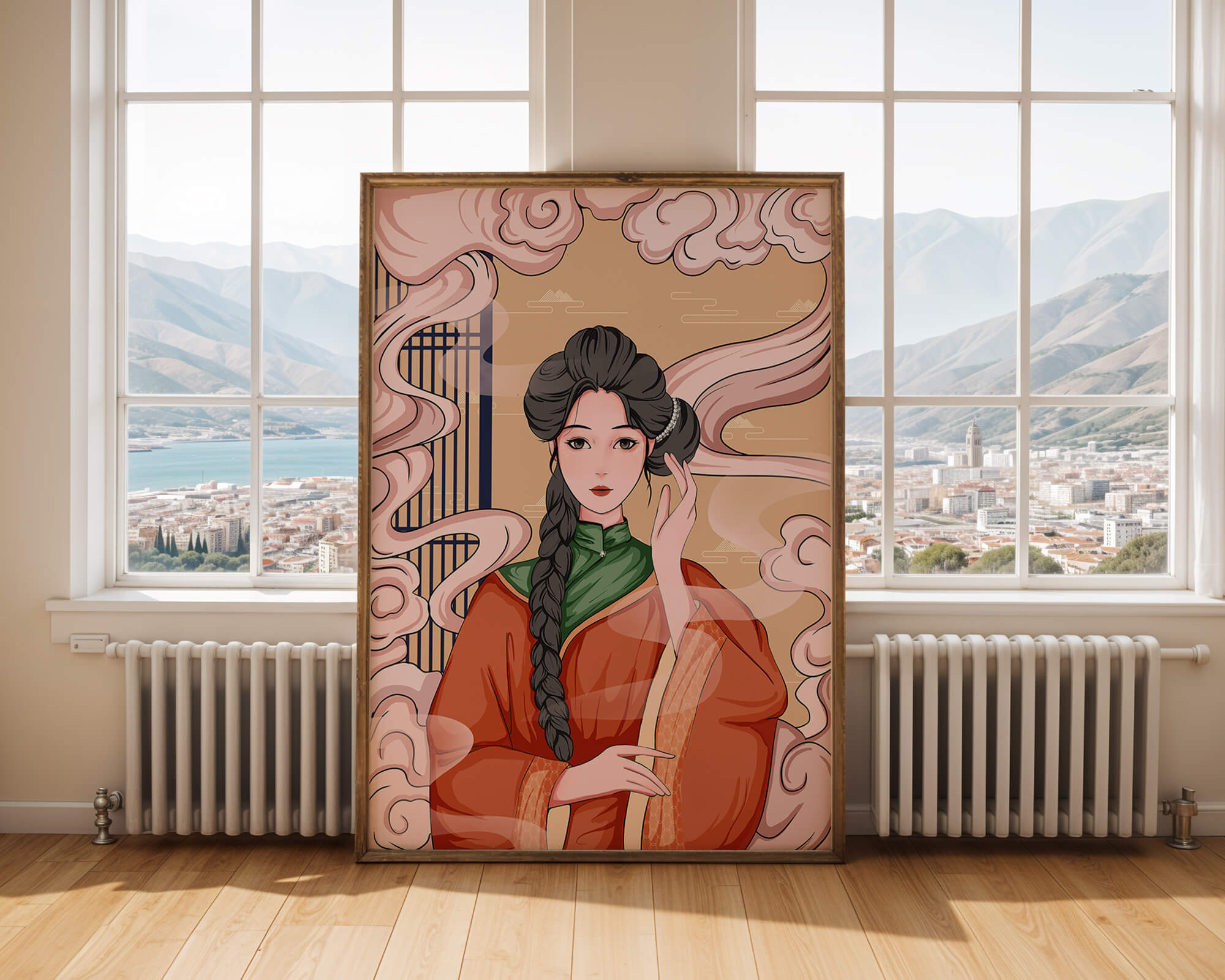 Elegant depiction of a woman in traditional attire with swirling clouds