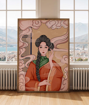 Elegante representación de una mujer con atuendo tradicional y nubes giratorias