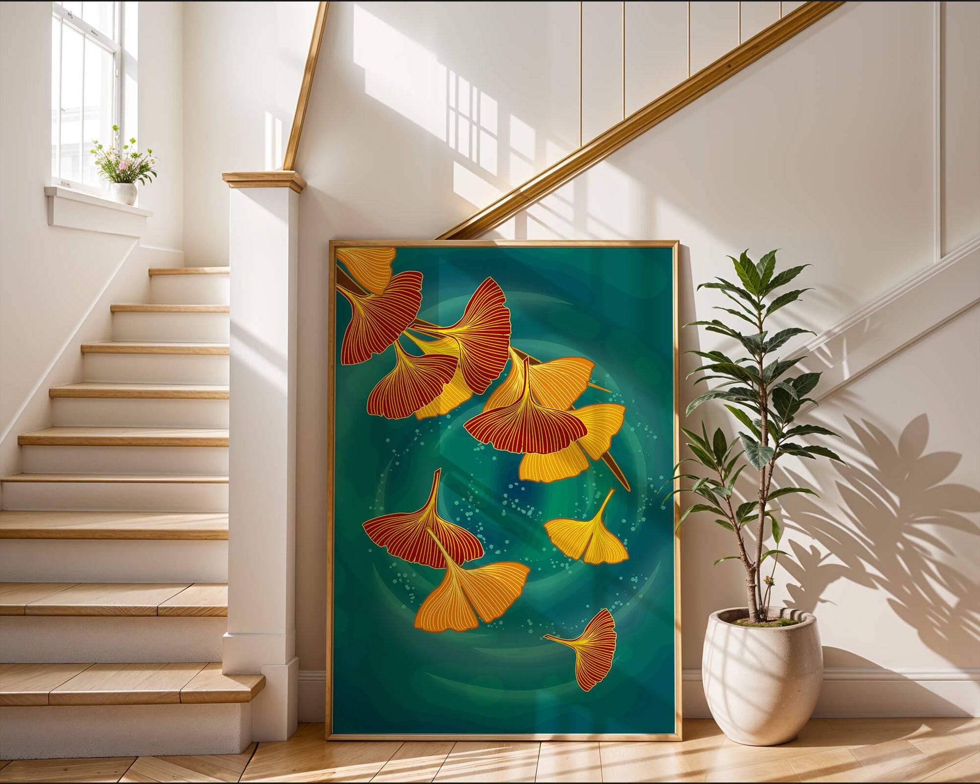 Stylized Ginkgo Leaves Floating on a Turquoise Background