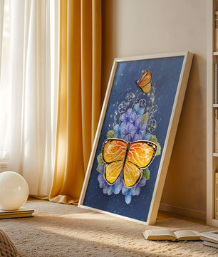 Colorida ilustración de mariposa y flores azules