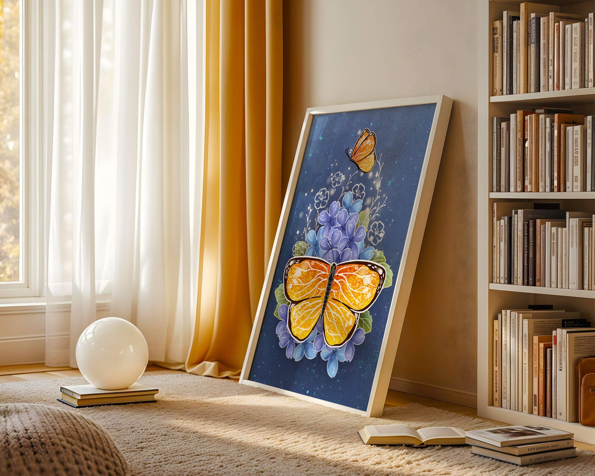 Colorida ilustración de mariposa y flores azules
