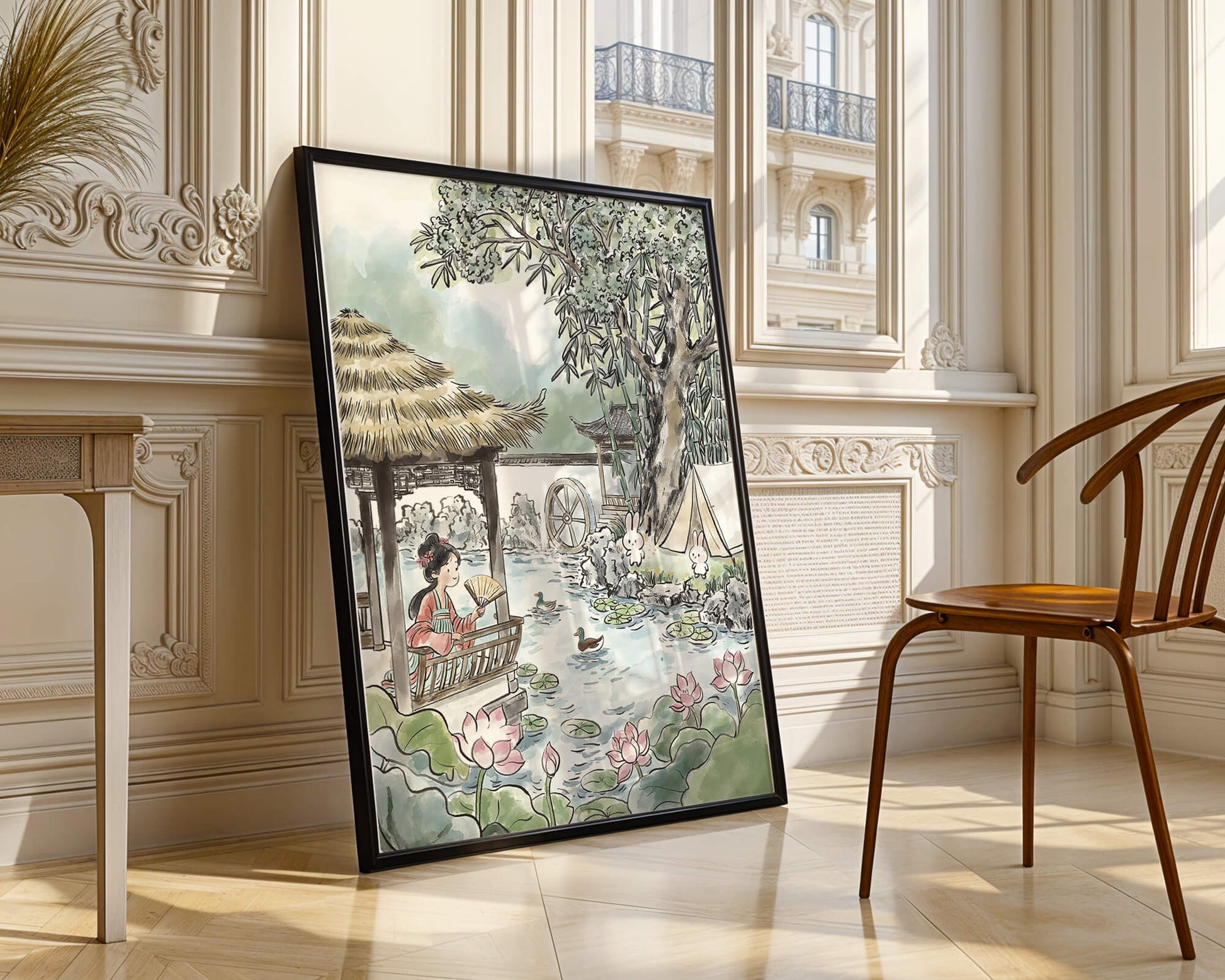 Escena tranquila de jardín con mujer, patos y conejos en un entorno tradicional