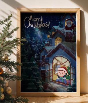 Festive Christmas scene with Santa and a cozy home