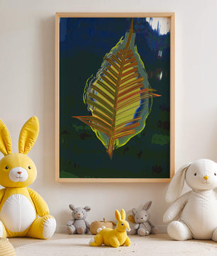 Abstract digital artwork featuring a vibrant multicolored leaf
