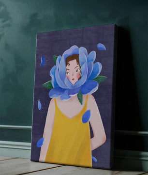 Illustration of woman with blue flower head and yellow dress