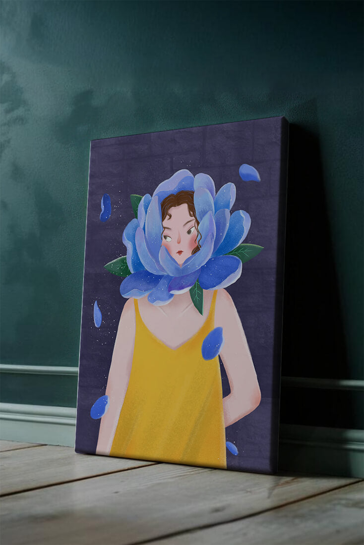 Illustration of woman with blue flower head and yellow dress
