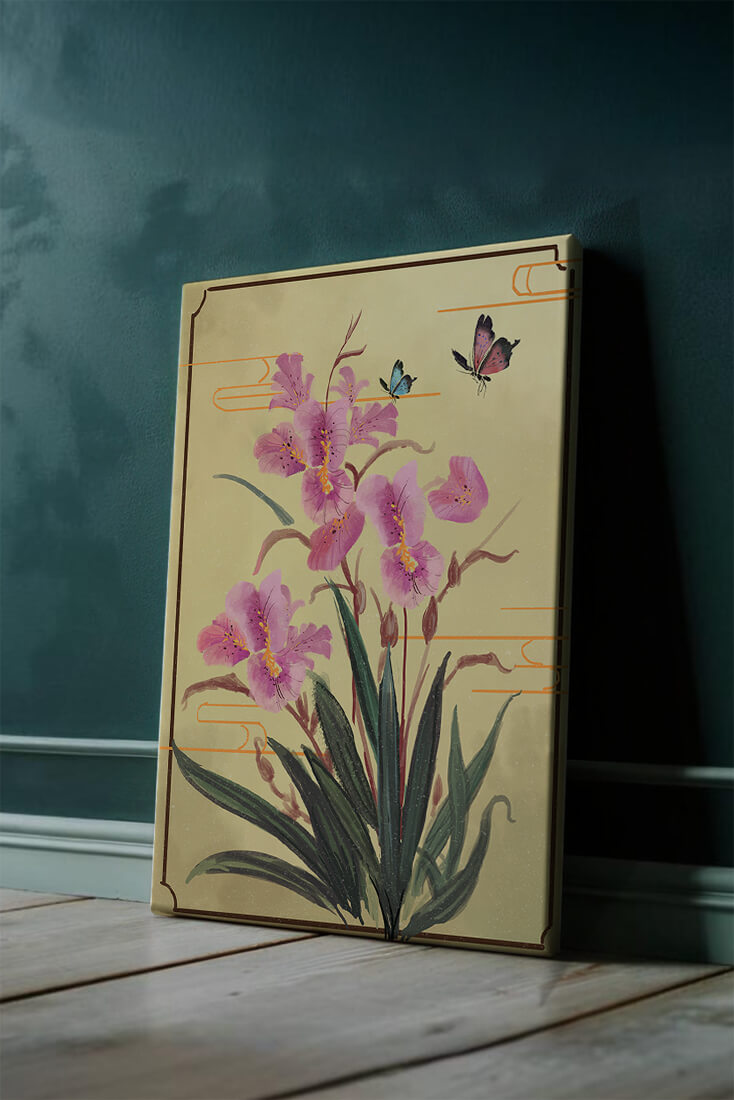 Elegant Floral Composition with Butterflies and Ornamental Background