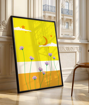Illustrative landscape with crescent moon, stars, and flowers