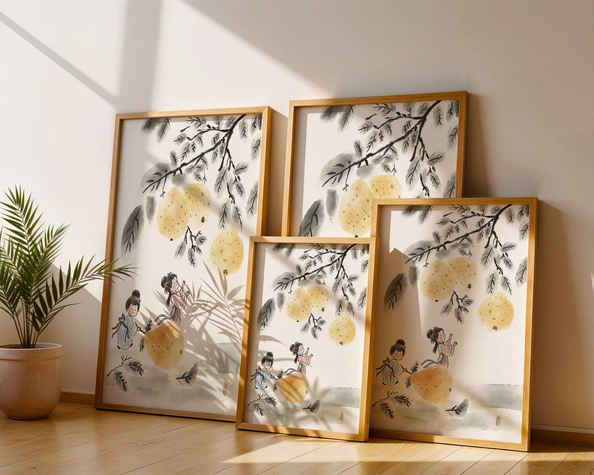 Ilustración encantadora de niños en vestimenta tradicional recolectando peras